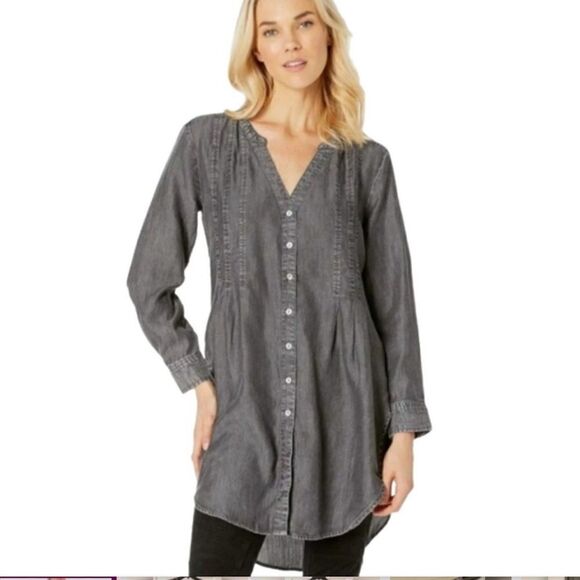 Liverpool Chambray Button Pleated Tunic - Picture 2 of 9